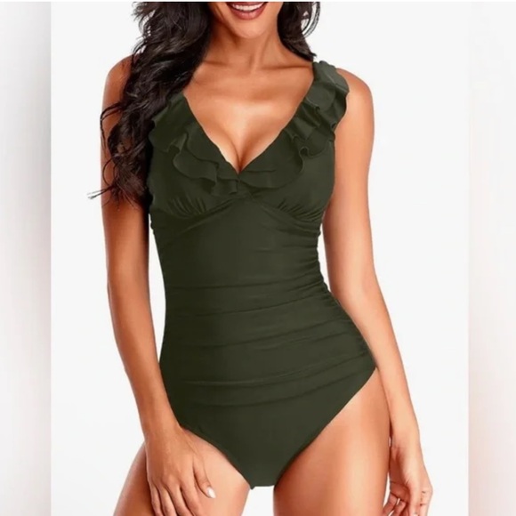 Holipick Other - Holipick Tummy Control Olive Ruffle One-Piece Swimsuit